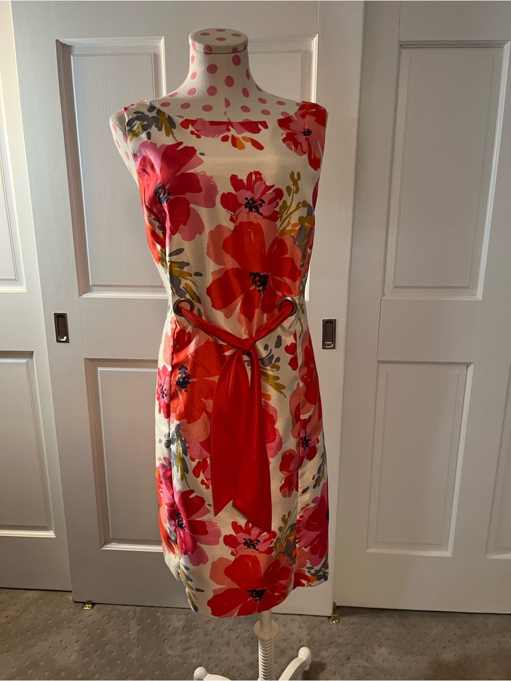 Perceptions Cream Sheath Midi Dress with Red and Pink Floral Print